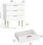Akxomel Fluted Nightstand Side Table with Charging Station White Bedroom | 3 Drawer Nightstand with Charging Station, Modern Bedside Table, 15.7"D x 23.2"W x 27.5"H, for Bedroom