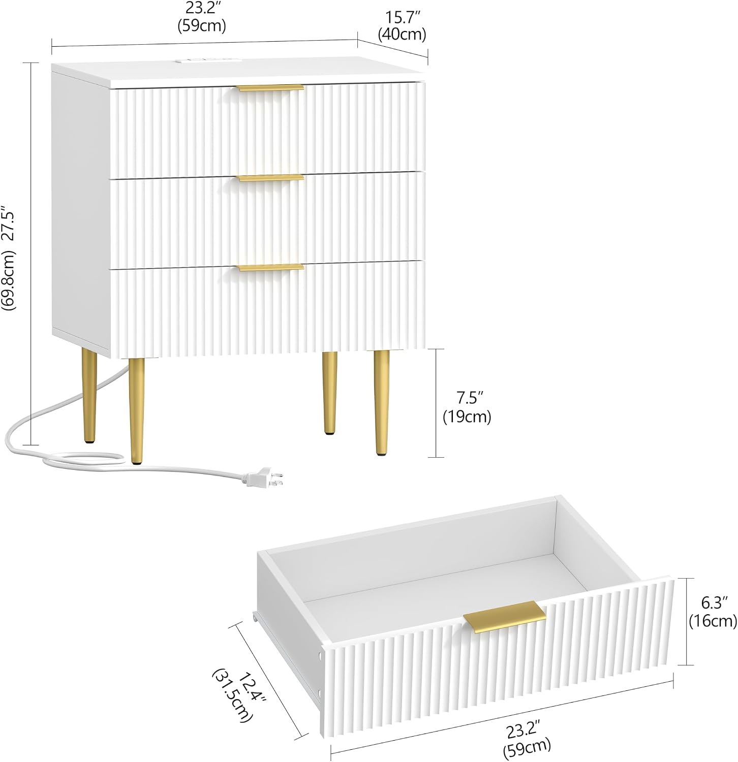 Akxomel Fluted Nightstand Side Table with Charging Station White Bedroom | 3 Drawer Nightstand with Charging Station, Modern Bedside Table, 15.7"D x 23.2"W x 27.5"H, for Bedroom
