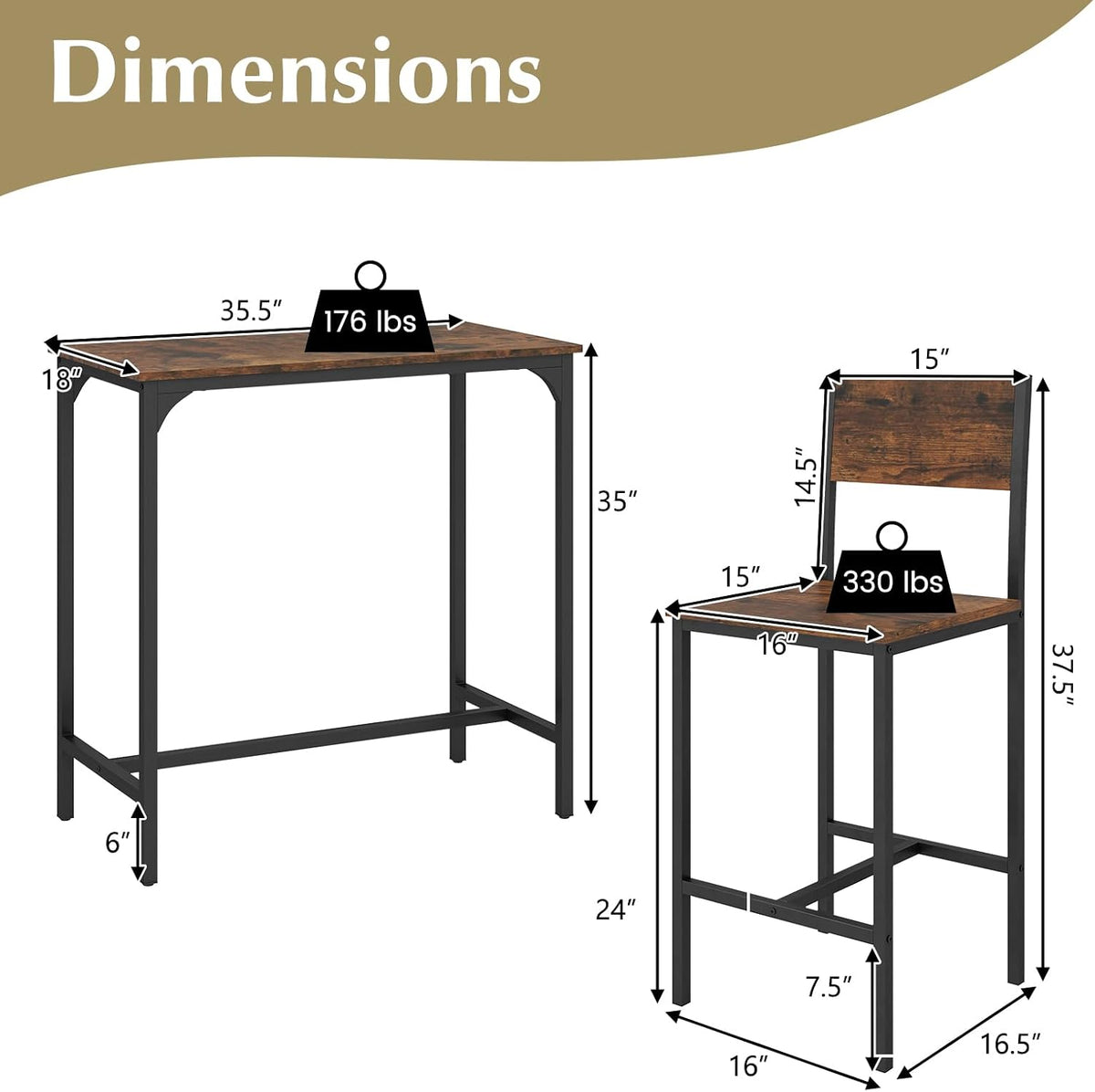 GOFLAME 3-Piece Bar Table Set, Counter Height Pub Table & 2 Barstools with Metal Frame, Industrial Space Saving Dining Set for Kitchen, Dining Room, Bistro, Restaurant, Small Space, Rustic Brown