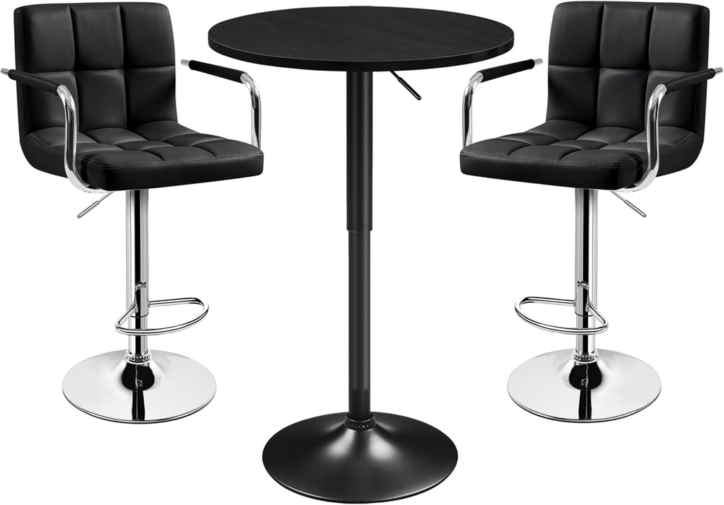 Yaheetech 3-Piece Bar Table and Stools, PU Leather Full Black | Round Pub Table and Chairs Set with MDF Tabletop and Stainless Steel Stand，Adjustable 360° Swivel for Kitchen Study