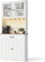 Gizoon 71" H Pantry Cabinet with Strip Light, Drawers | Coffee Bar with Doors, White Kitchen Hutch with Charging Station and Adjustable Shelves, for Dining Room, Table Top-Retro