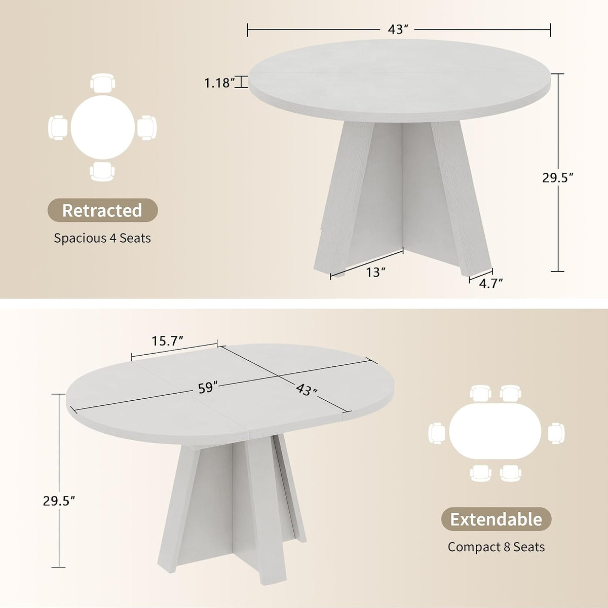 iPormis 43.3in-59in Extendable Round Dining Table for 4-6, Modern Wooden Kitchen Table for Dining Room, Adjustable Size Oval Circle Dinner Tables Furniture for Kitchen Living Room, White