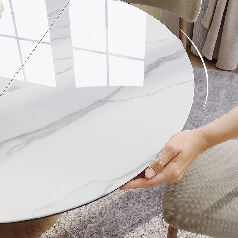 POVISON Modern Extendable Dining Table for 4-6, 47" to 63" Round to Oval Sintered Stone Kitchen Table with Carbon Steel Base, Mid-Century Dinner Tables for Dining Room, Glossy White（Table Only）