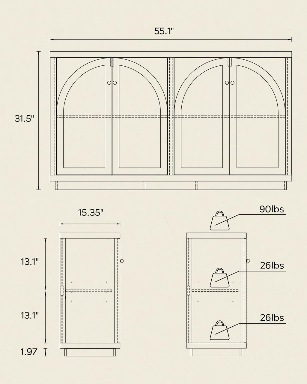Arched Sideboard Buffet Cabinet with 4 Doors, Modern Accent Storage Cabinet with Adjustable Shelves, Boho Console Table Bar Cabinet Storage Credenza for Living Room, Black/Oak