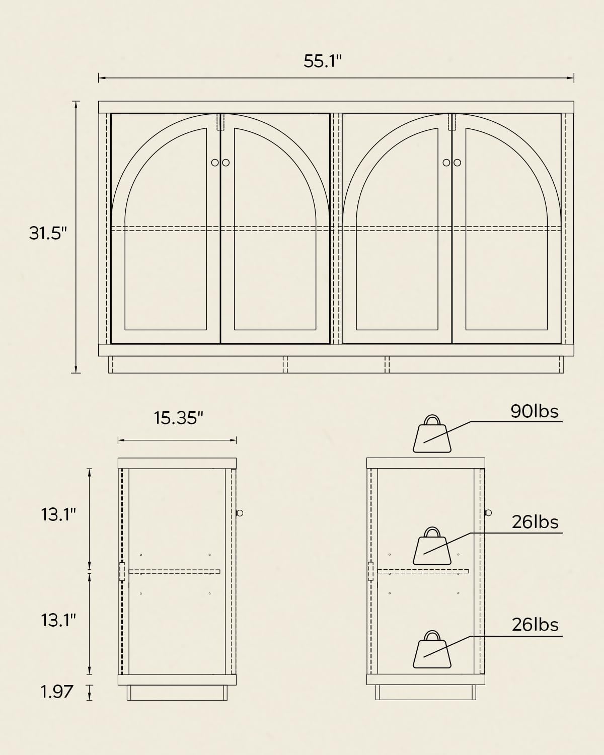 Arched Sideboard Buffet Cabinet with 4 Doors, Modern Accent Storage Cabinet with Adjustable Shelves, Boho Console Table Bar Cabinet Storage Credenza for Living Room, Black/Oak