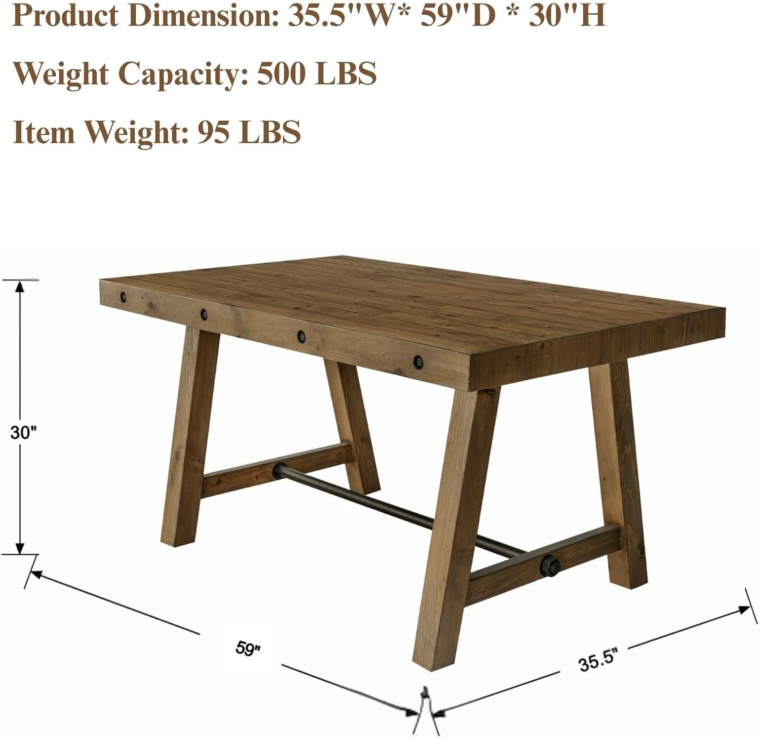 Rustic Farmhouse Dinning Table, Reclaimed Solid Wood Kitchen & Dining Room Table for 4-6 People, 59" Wooden Rectangular Kitchen Table with Trestle Base for Dining/Kitchen Room, Walnut