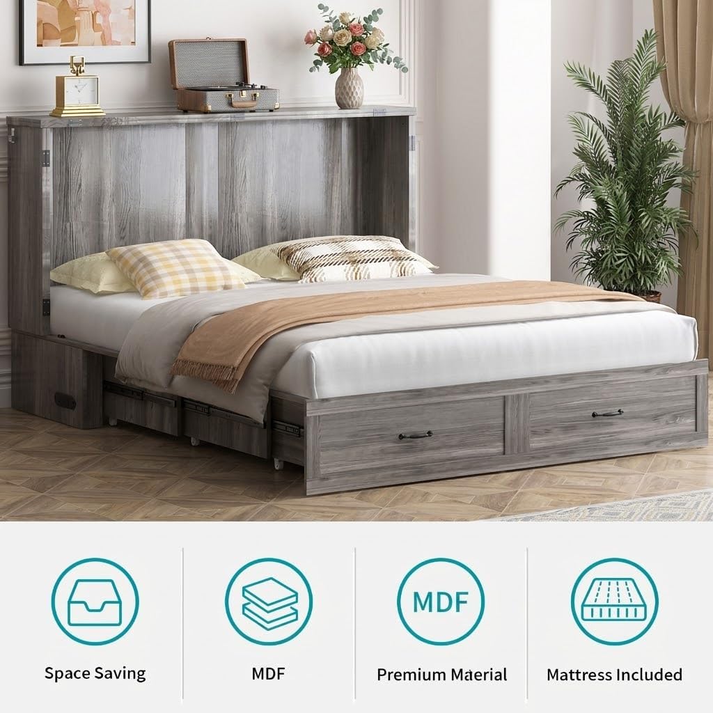 BALUS Queen Murphy Bed, Chest Murphy Bed with Built in USB Chariging Station & Storage Drawer, Solid Wood Cabinet Bed, Queen Hidden Bed for Guest/Living Room/Bedroom, No Mattress-Grey