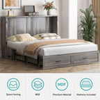 BALUS Queen Murphy Bed, Chest Murphy Bed with Built in USB Chariging Station & Storage Drawer, Solid Wood Cabinet Bed, Queen Hidden Bed for Guest/Living Room/Bedroom, No Mattress-Grey