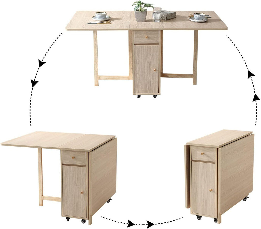 COMUHOME Drop Leaf Folding Dining Table with Storage, Wheels, Space Saving | Foldable Design, 18mm Thick Plywood, 300 lbs Capacity, Locking Wheels, Farmhouse Style, for Living Room Kitchen Small Spaces