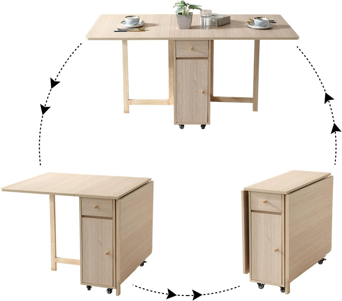 COMUHOME Wood Drop Leaf Folding Dining Table with 2 Drawers and 4 Wheels, Wooden Padded Dining Chairs Set of 4, Space Saving Dining Table with 4 Chairs for Living Room Kitchen Farmhouse