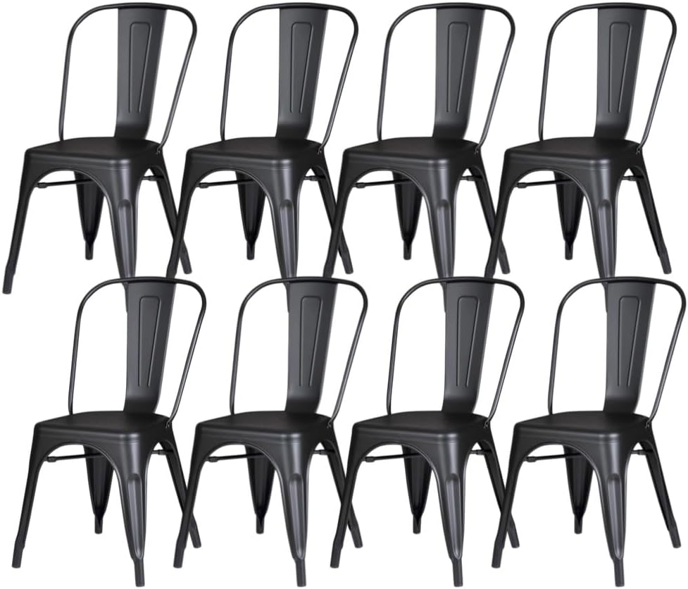 Set of 8 Midnight Black Metal Dining Chairs, Classic Tolix Style Stackable Kitchen Chairs, Durable Steel Seating for Indoor Cafe & Bistro