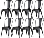 Set of 8 Midnight Black Metal Dining Chairs, Classic Tolix Style Stackable Kitchen Chairs, Durable Steel Seating for Indoor Cafe & Bistro