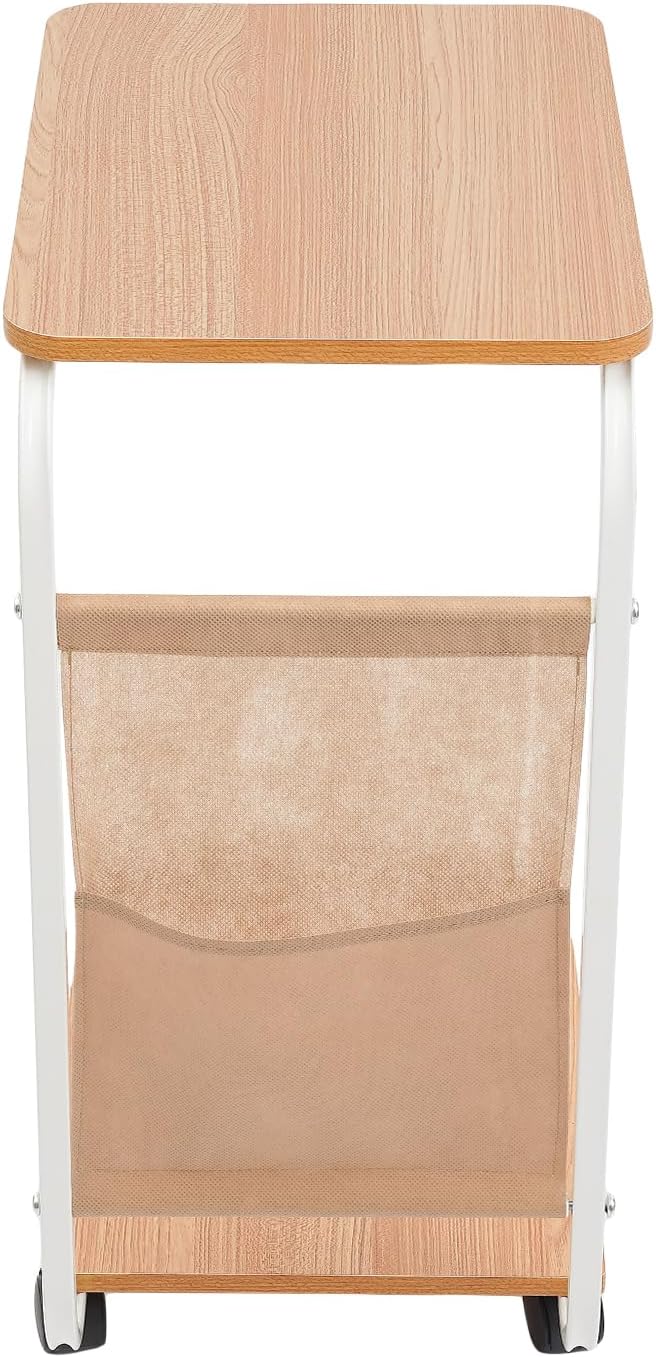 C-Shaped Side Table w/Wheels, C-Shaped Coffee Table, Bedside Side Table, Couch Table, Couch Tray Tables, Small End Table for Small Spaces, Living Room, Bedroom (White, Wood Color)