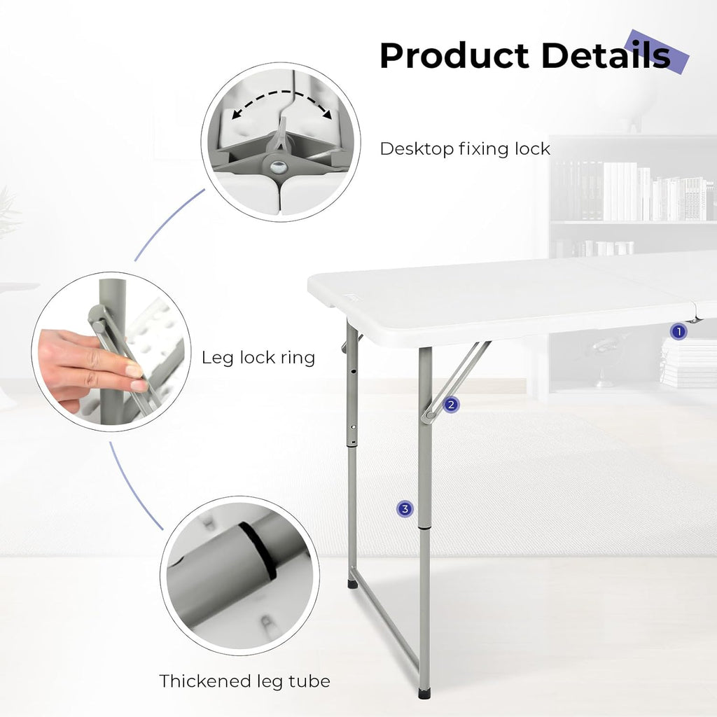 Folding Table 4 Foot,Portable Heavy Duty Plastic Utility Table,White | Adjustable Height,HDPE Tabletop,Small Fold-in-Half Design,Carrying Handle,Indoor Outdoor Use for Camping,Party