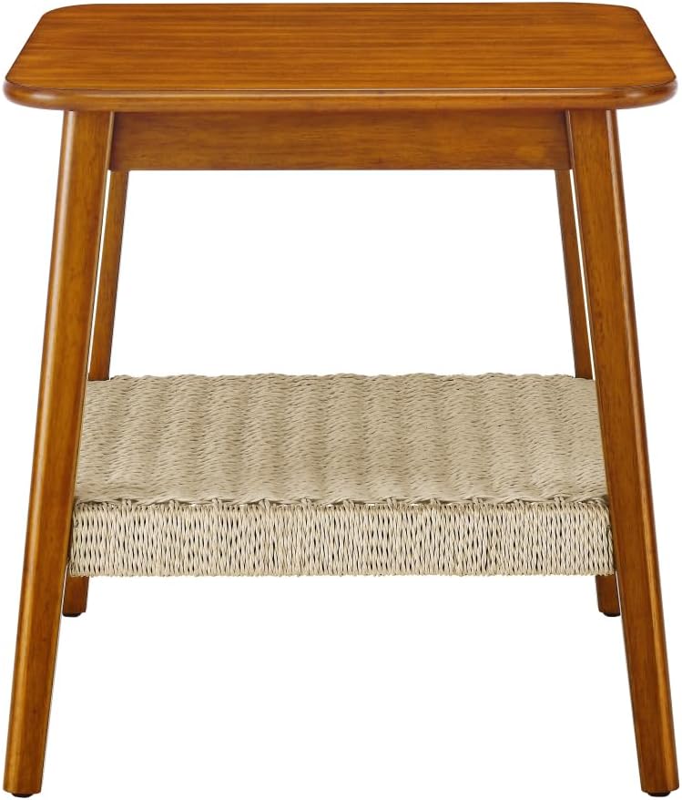 23" Mid-Century Side Table with Woven Shelf and Storage, for Living Room Couch Bedroom Patio Home Office,Dark Walnut (Side Table)