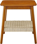 23" Mid-Century Side Table with Woven Shelf and Storage, for Living Room Couch Bedroom Patio Home Office,Dark Walnut (Side Table)