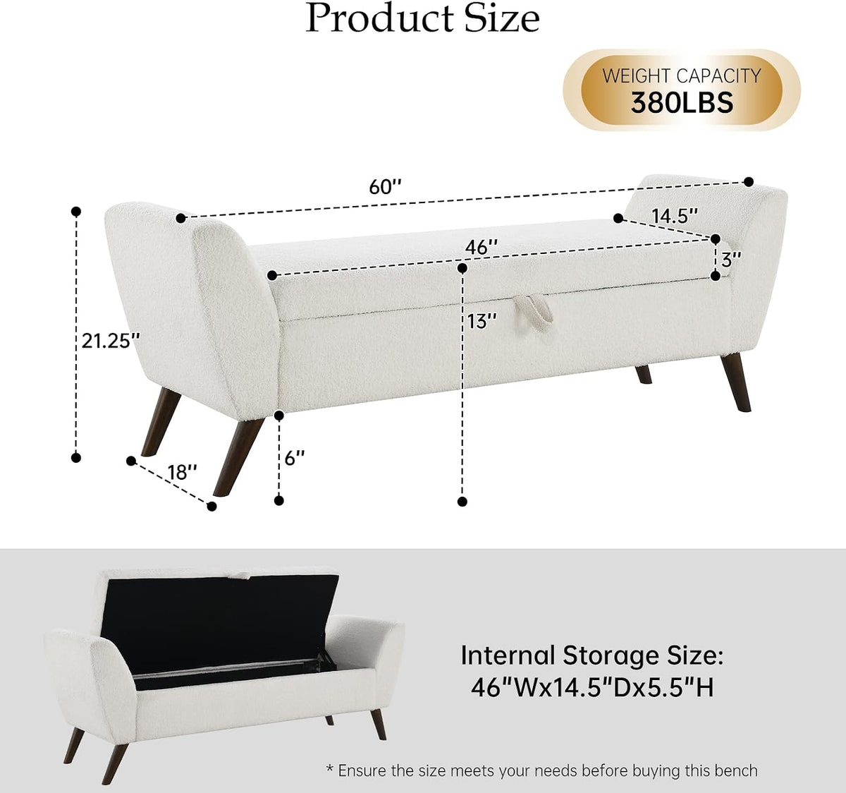 60" Storage Ottoman Bench, Teddy Fabric End of Bed Bench with Solid Wood Legs, Large Hidden Storage for Bedroom & Entryway (Beige)