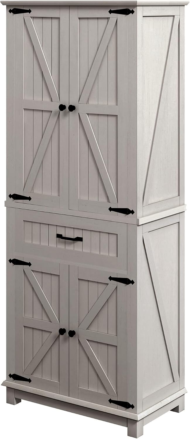 DWVO 72" Tall Farmhouse Pantry Cabinet, Kitchen Storage Pantry with Barn Doors & Drawer, Versatile Organizer with Adjustable Shelves, Rustic Cupboard for Dining Room, Living Room, White Oak | Tall Farmhouse Kitchen Pantry Cabinet, Kitchen Cupboard