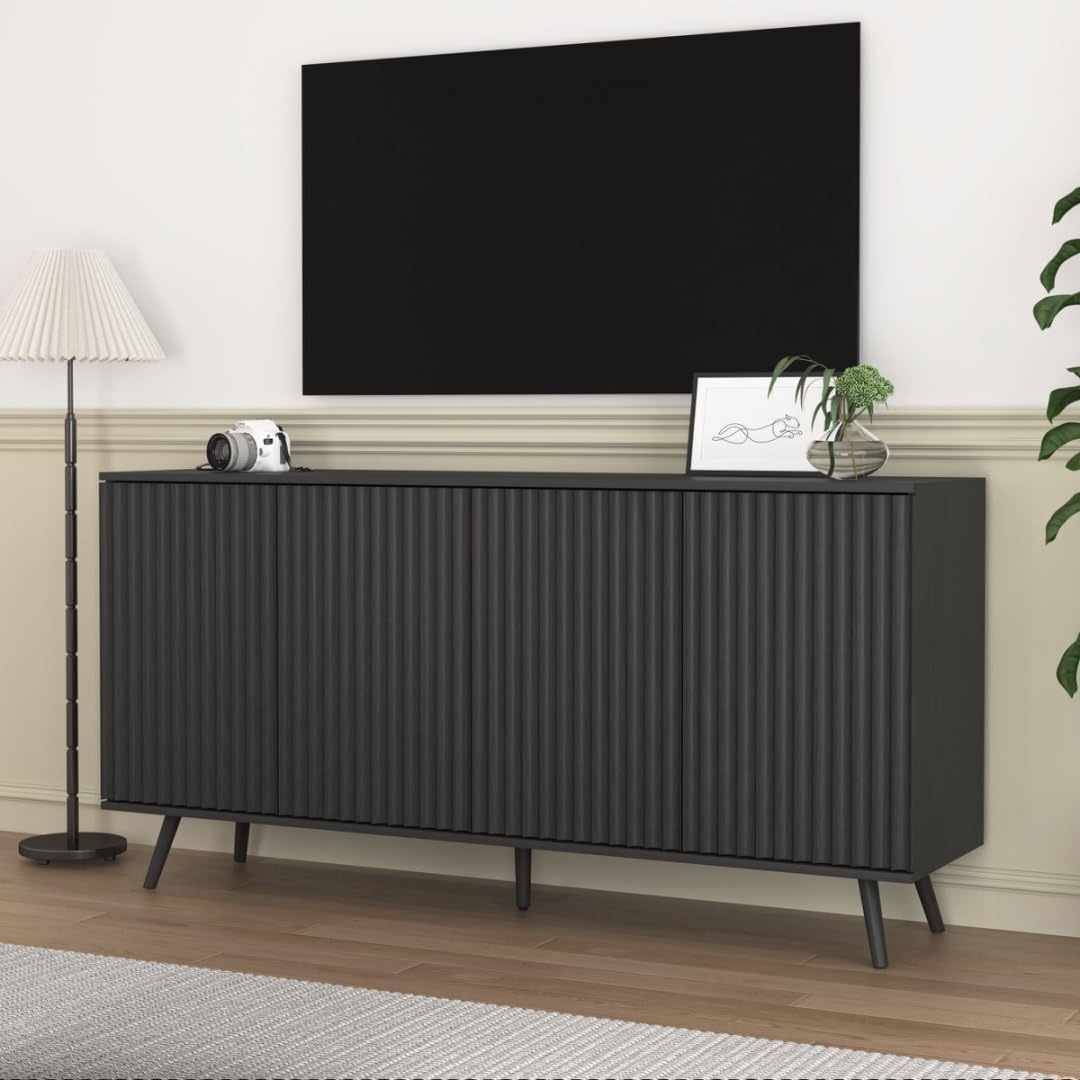 59" Buffet Cabinet with Storage, Modern Kitchen Buffet Sideboard with 4 Doors, Wood Coffee Bar with Adjustable Shelves, Kitchen Storage Cabinet with Adjustable Legs for Living Room (Black)