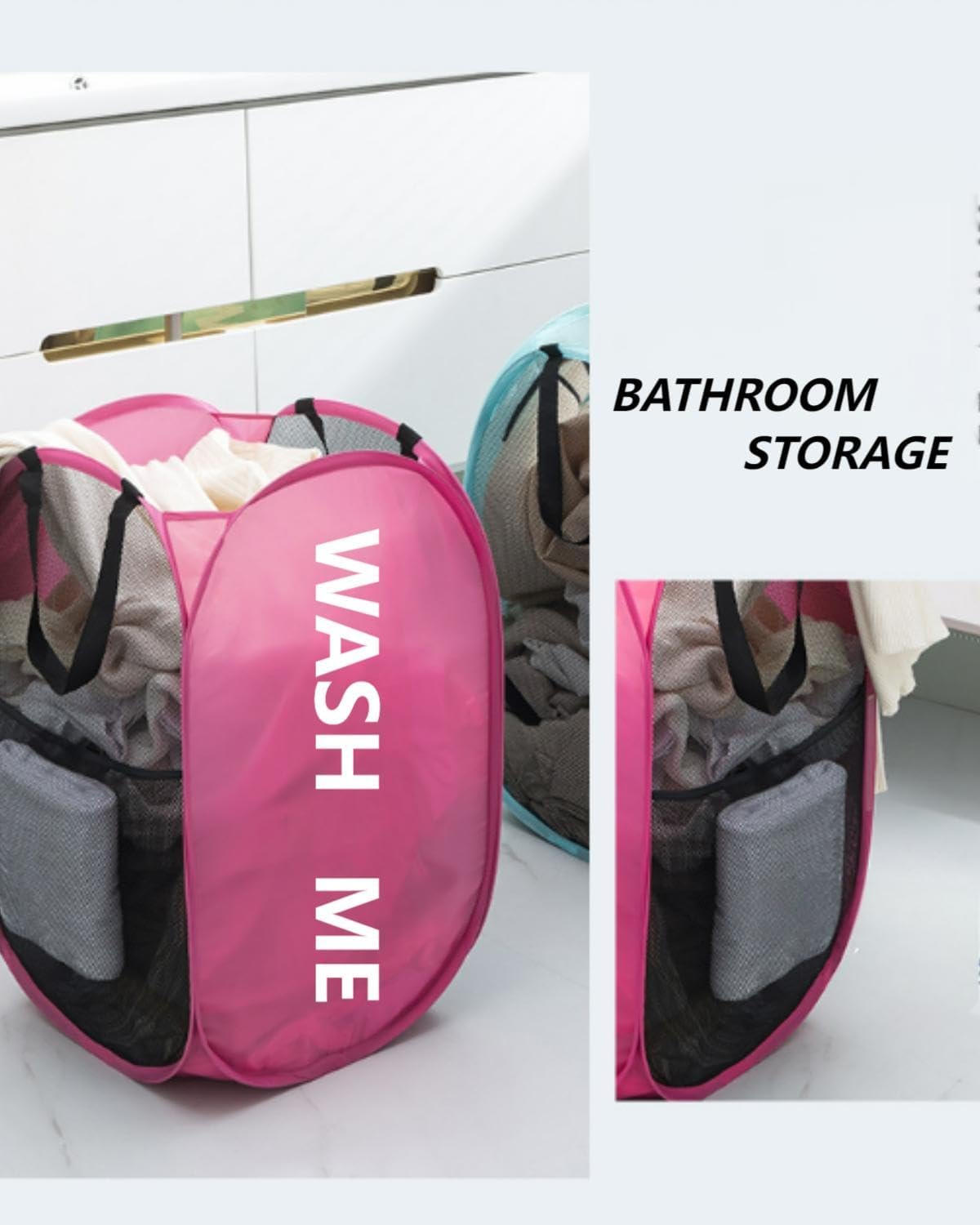Collapsible Laundry Hamper Foldable Clothes Basket with Mesh Sides Handles for Storage and Organization Pink BLC732-01
