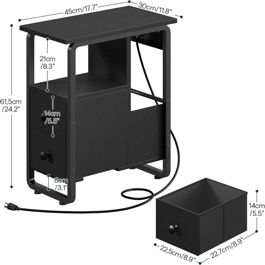 HOOBRO Narrow End Table with Charging Station & LED Lights, Slim Nightstand with 2 Fabric Drawers and Open Shelves, Narrow Side Table for Living Room, Bedroom, Black BB430UDBZ01