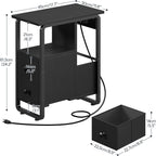 HOOBRO Narrow End Table with Charging Station & LED Lights, Slim Nightstand with 2 Fabric Drawers and Open Shelves, Narrow Side Table for Living Room, Bedroom, Black BB430UDBZ01