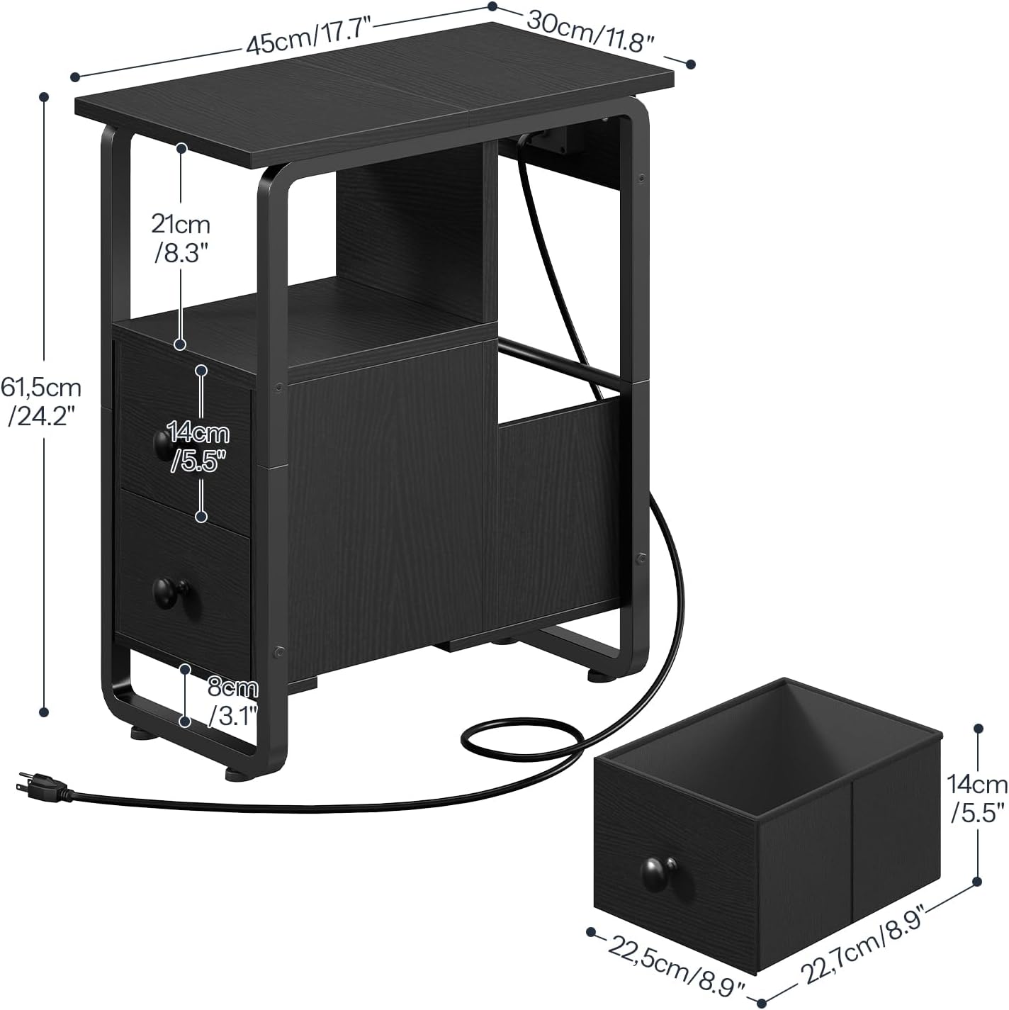 HOOBRO Narrow End Table with Charging Station & LED Lights, Slim Nightstand with 2 Fabric Drawers and Open Shelves, Narrow Side Table for Living Room, Bedroom, Black BB430UDBZ01