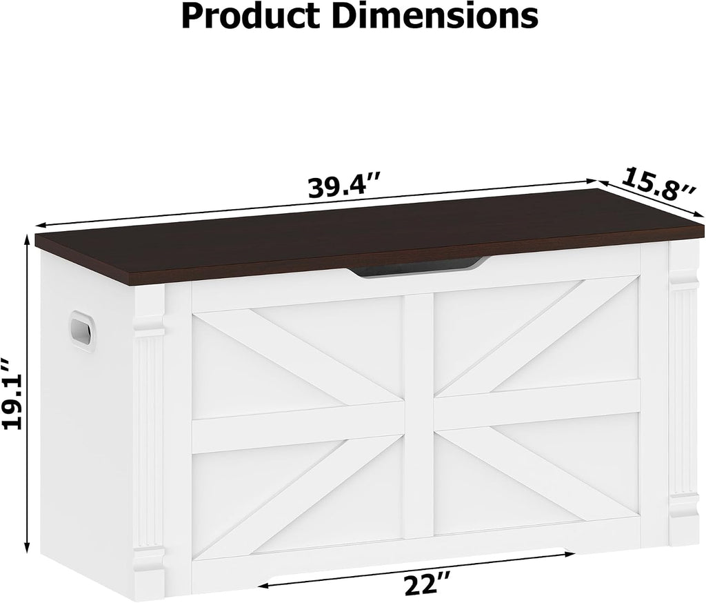 VVFLU Storage Bench, 39.4" Storage Chest with 2 Safety Hinges, Farmhouse Roman Column Design with Elliptical Handle Holes, for Entryway, Bedroom, Living Room (White + Walnut)