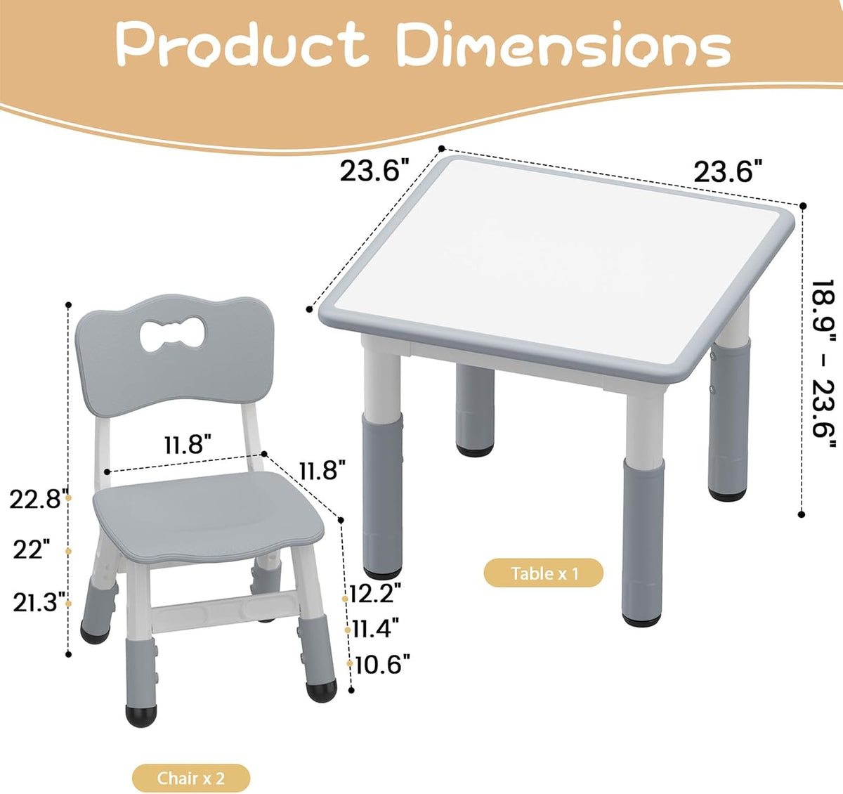 IDEALHOUSE Height Adjustable Kids Table and 2 Chairs Set,Dark Grey | 23.6 Inch Square Tabletop, Non-Slip Leg Pads, Wood Grain Composite Surface, Multi-Activity Use
