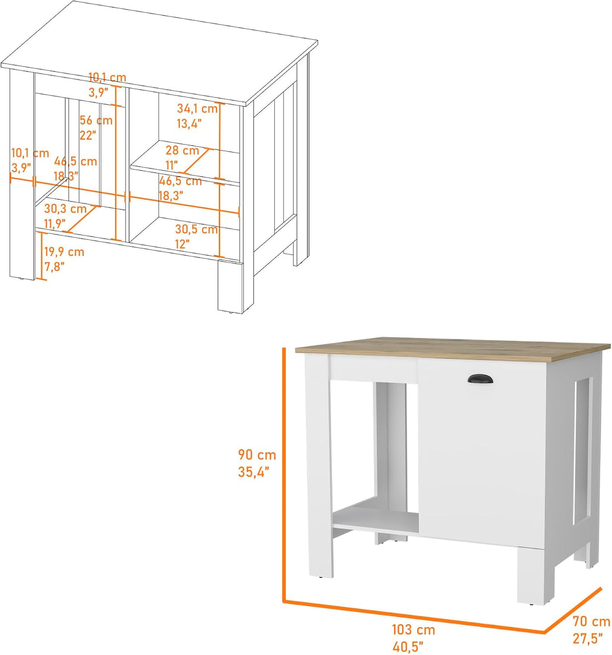 Kitchen Island with Single Door and Lower Open Shelf | Includes single door with two interior shelves and open-side shelf for storage