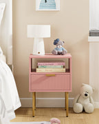 Nightstand,Morden Bedside Table with Gold Frame,Small Night Stand,End Table,Bedside Furniture,Side Table with Drawer and Shelf for Bedroom,Living Room (1Drawer, Pink)