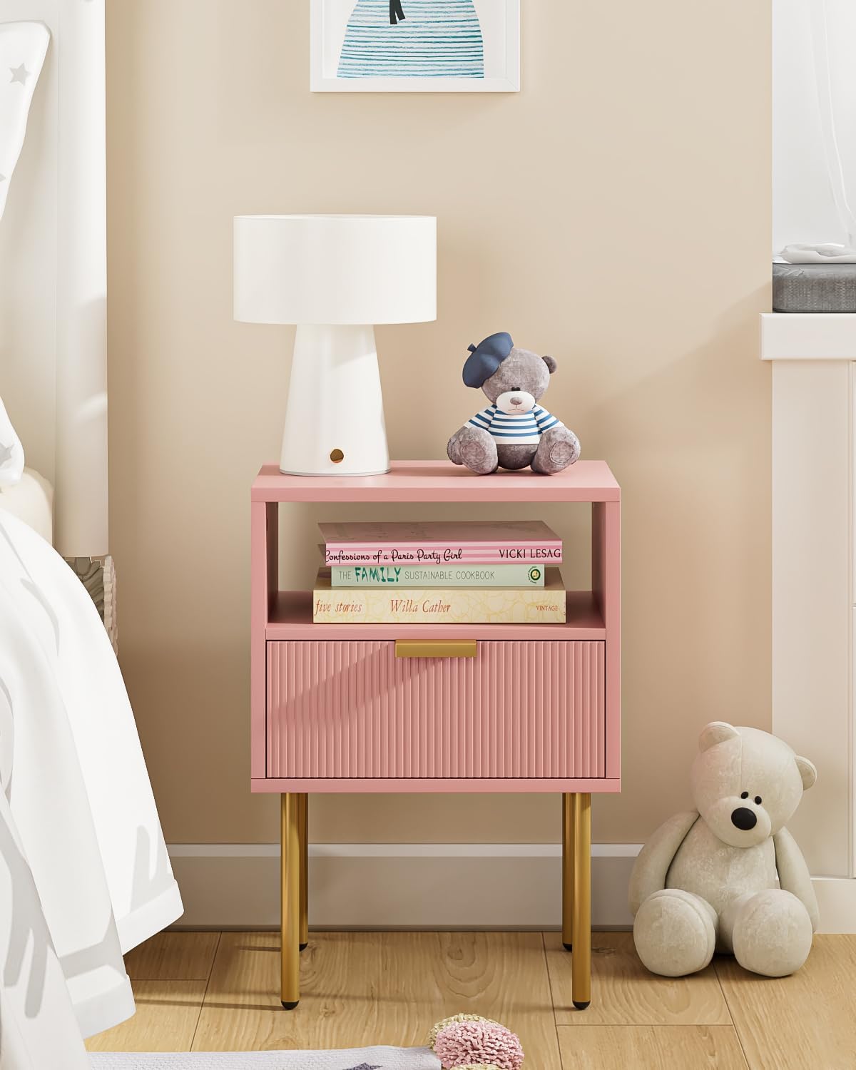 Nightstand,Morden Bedside Table with Gold Frame,Small Night Stand,End Table,Bedside Furniture,Side Table with Drawer and Shelf for Bedroom,Living Room (1Drawer, Pink)