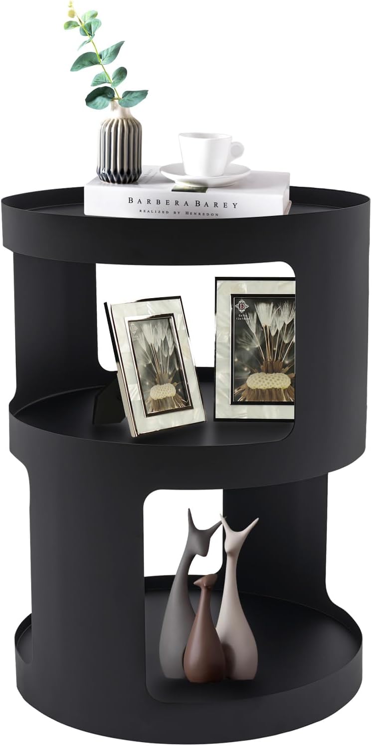 2-Layer Modern Side Table Round End Tables, Black Metal Nightstand Accent Table,Small Bed Side Table for Living Room Bedroom Indoor Outdoor Entryway Decoration