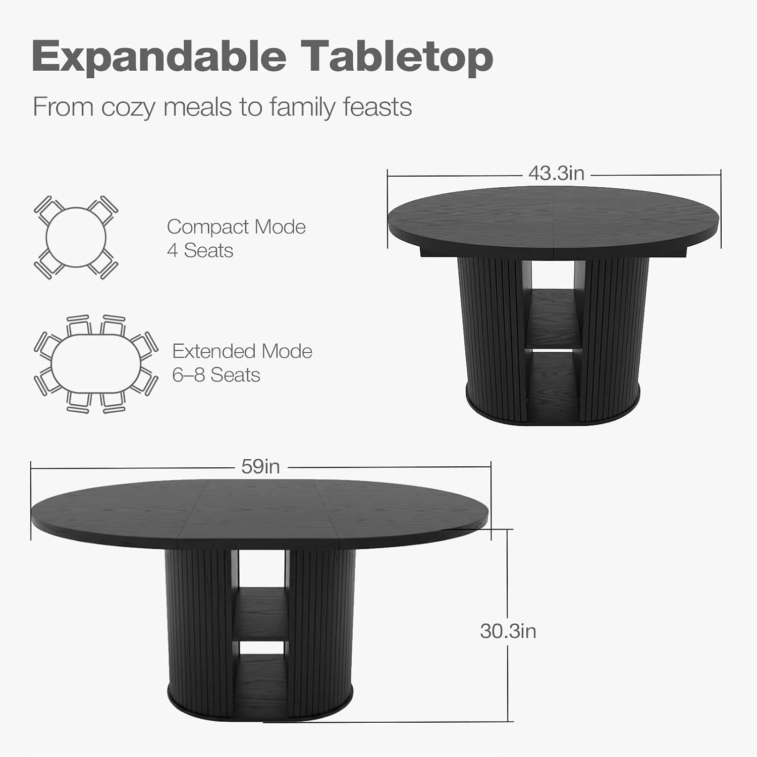 43.3''–59'' Extendable Round Dining Table for 4–8, Modern Wood Oval Kitchen Table with Storage Shelf, Space-Saving Expandable Circle Dinner Table for Dining Room or Living Room (Black)
