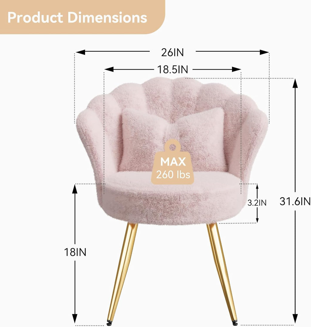 Plush Sherpa Accent Chair with Gold Metal Legs, Fluffy Vanity Chair for Makeup Room, Upholstered Guest Chair for Living Room, for Bedroom, Pink