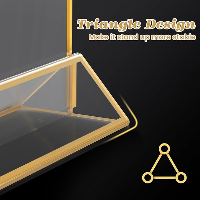Gold Acrylic Sign Holder 4x6, 16 Pack Wedding Gold Frame Table Number Holders Vertical, Clear Picture Frames Flyer Stands Tables Menu Holder, Double Photo Paper Display Holder for Party, Home, Office