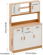 Kitchen Pantry Storage Cabinet, Modern Farmhouse Kitchen Pantry Cabinet with Microwave Stand, 3 Drawers, 5 Doors, and Open Shelves Wooden Color