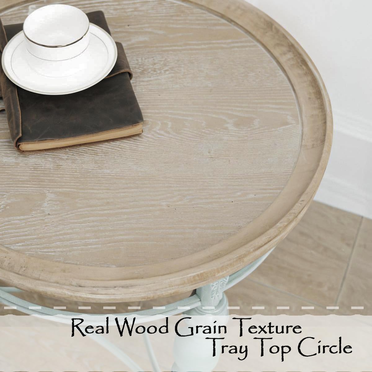 Rustic Farmhouse Round End Table, French Country Vintage Side Table,φ20.1'' x 23.6''H Rustic Solid Wood with Vintage Iron Legs, for Living Room, Bedroom, Small Spaces,Nature White