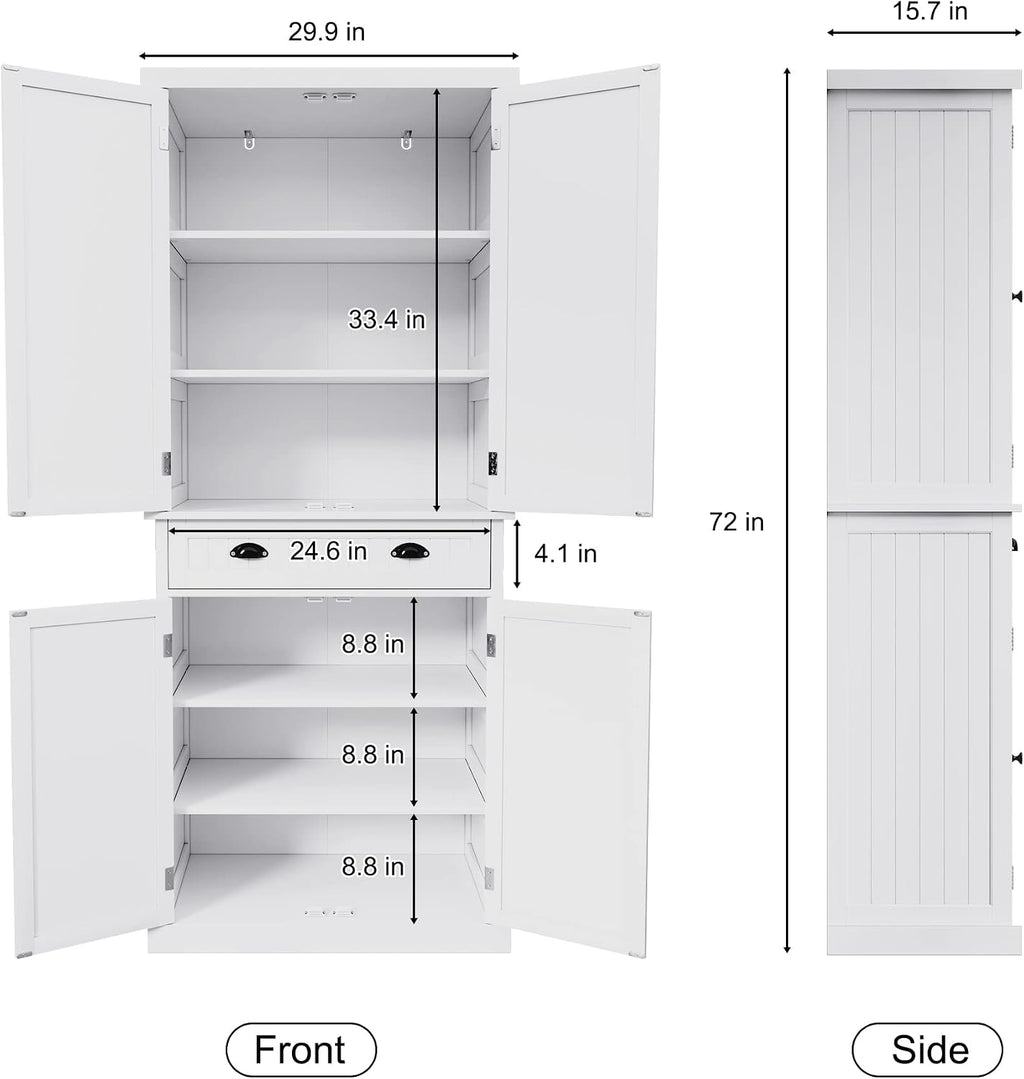 HLR Freestanding Kitchen Pantry Cabinet with Doors and Adjustable Shelves, Storage for Kitchen, Living Room Dining Room, White 30''D x 16''W x 72''H