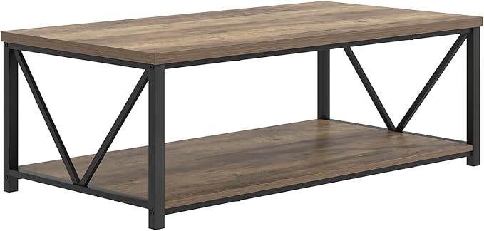 FOLUBAN Modern Coffee Table, Living Room Center Table with Storage, Wood and Metal Cocktail Table, Rustic Oak, 47 Inch