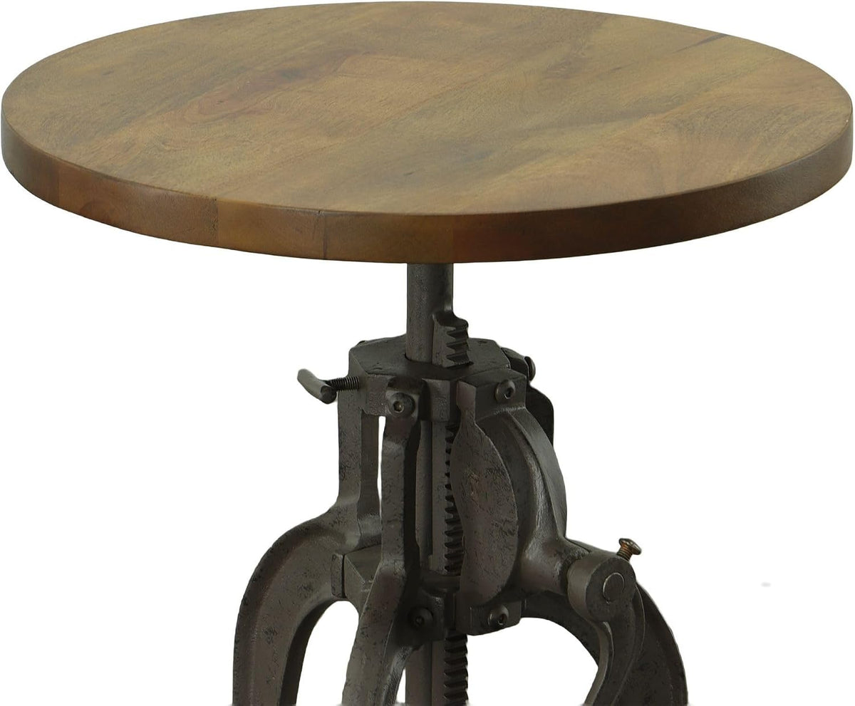Carolina Chair & Table Adjustable Hand Crank 18" Wooden Top Rustic Side Table - Cast Iron Base Round Accent Table for Farmhouse, Living Room, or Bedroom (Harvest Oak/Industrial)