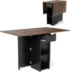 GOFLAME Drop Leaf Dining Table for 2-4, Folding Kitchen Table with Open Shelves & Drawer, Lockable Wheels, Space Saving Extendable Table for Dining Room, Living Room, Small Space, Rustic Brown & Black