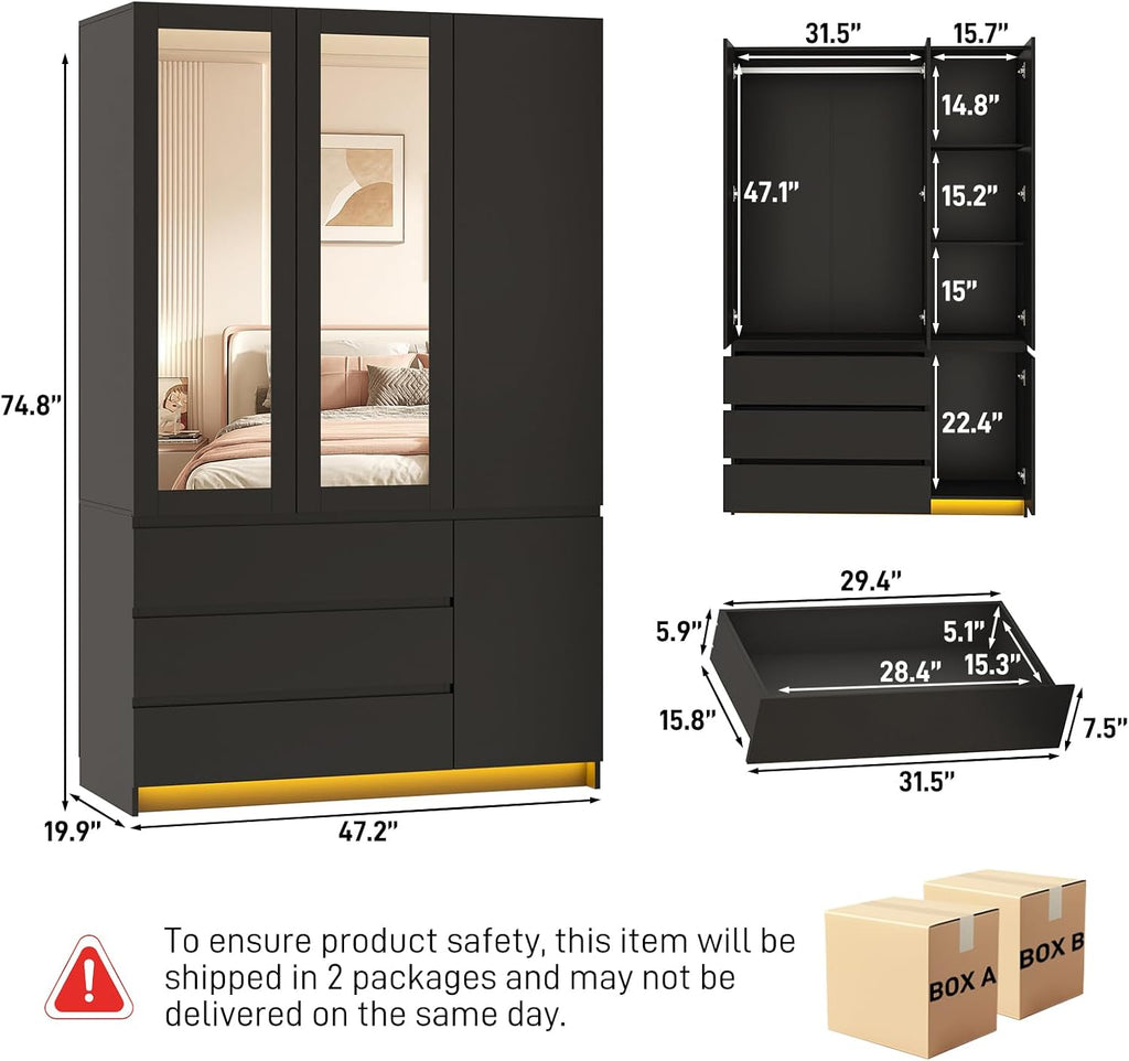 75"H Tall Modern 3 Doors Wooden Armoire Wardrobe Closet with 3 Drawers & 2 Mirror,Clothing Storage Cabinet with Hanging Rod,Bedroom Large Freestanding Armoires with Led Lights for Bedroom,Black