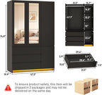 75"H Tall Modern 3 Doors Wooden Armoire Wardrobe Closet with 3 Drawers & 2 Mirror,Clothing Storage Cabinet with Hanging Rod,Bedroom Large Freestanding Armoires with Led Lights for Bedroom,Black