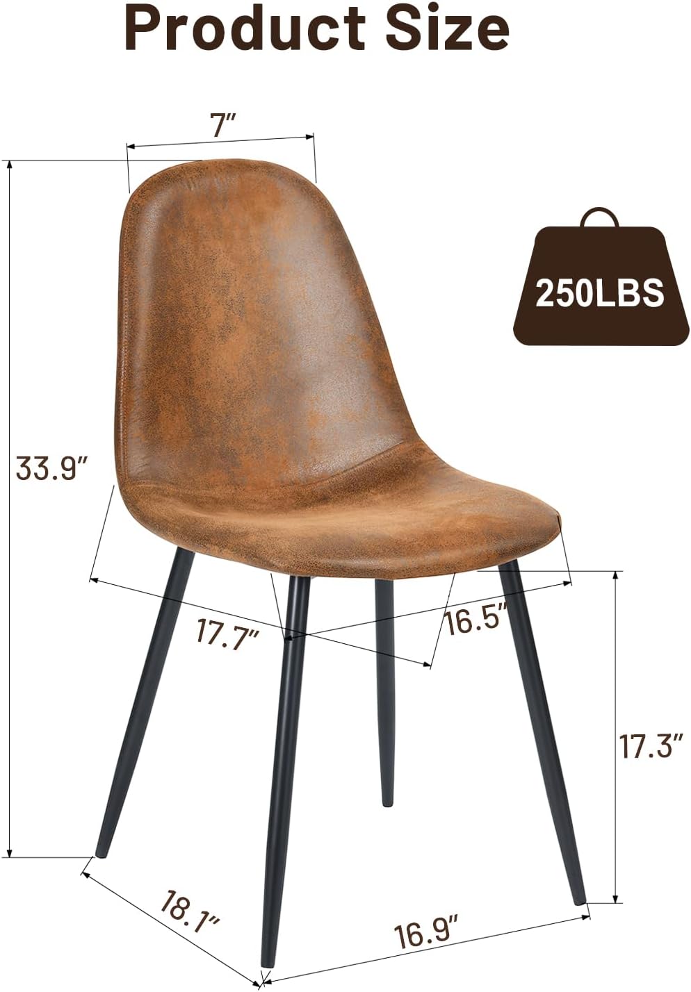 FurnitureR Dining Chairs Set of 6, Faux Suede Upholstered Kitchen & Dining Room Chairs with Metal Legs, Comfortable Mid-Back Side Chairs for Holiday Hosting & Everyday Use, Brown