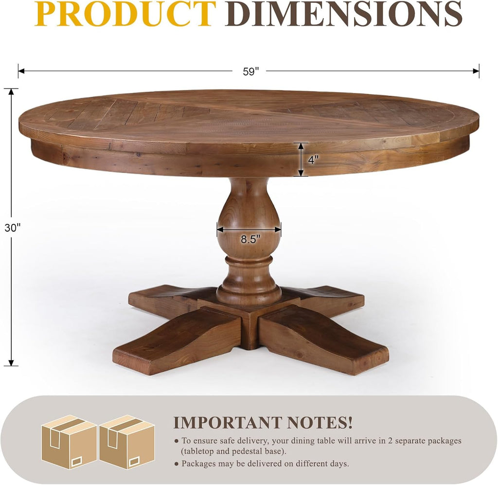 60" Round Dining Table, Reclaimed Wood Kitchen Table for 6-8, Farmhouse Circle Kitchen Table with Pedestal Curved Leg for Kitchen Dining Room Restaurant - Walnut