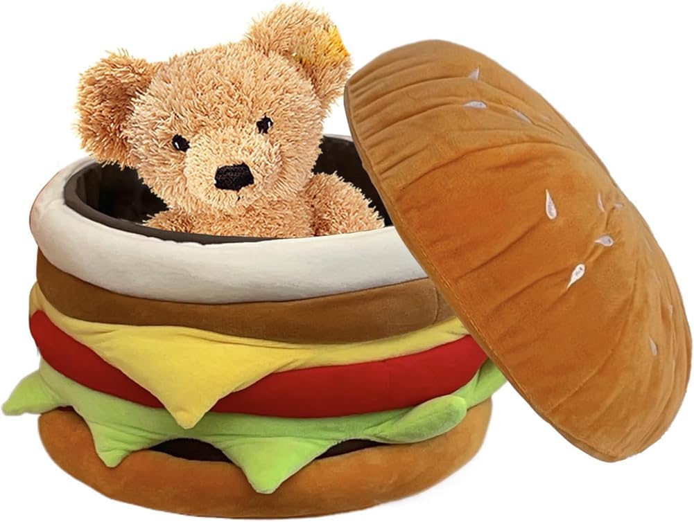 Small Storage Ottoman Hamburger Shaped Seat Cushion for Bedroom Entryway,Upholstered Foot Rest Stool Entrance Shoe Changing Stool,Home Decor