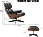 Mid Century Chaise Lounge Chair with Ottoman, Modern Retro Classic Design, PU Leather & Walnut Wood, Heavy Duty Metal Support, Comfortable for Living Room Bedroom Office（Black-Standard）