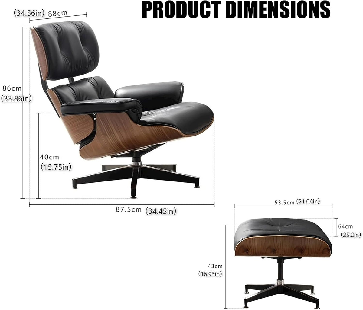 Mid Century Chaise Lounge Chair with Ottoman, Modern Retro Classic Design, PU Leather & Walnut Wood, Heavy Duty Metal Support, Comfortable for Living Room Bedroom Office（Black-Standard）