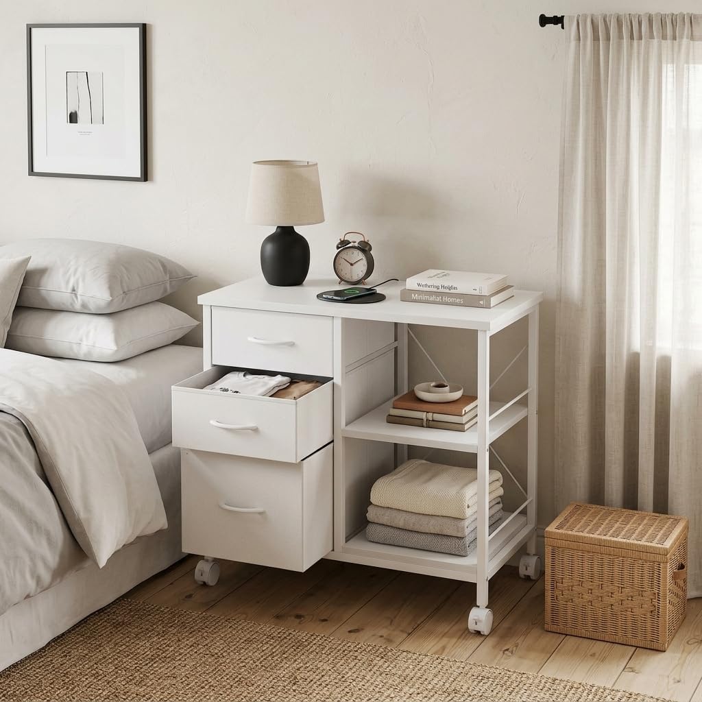 3 Drawer Mobile Filing Cabinet, Industrial White Office Storage Cabinet with Open Shelf, Under Desk Printer Stand with Casters for Home Office, Letter & Legal Size Files